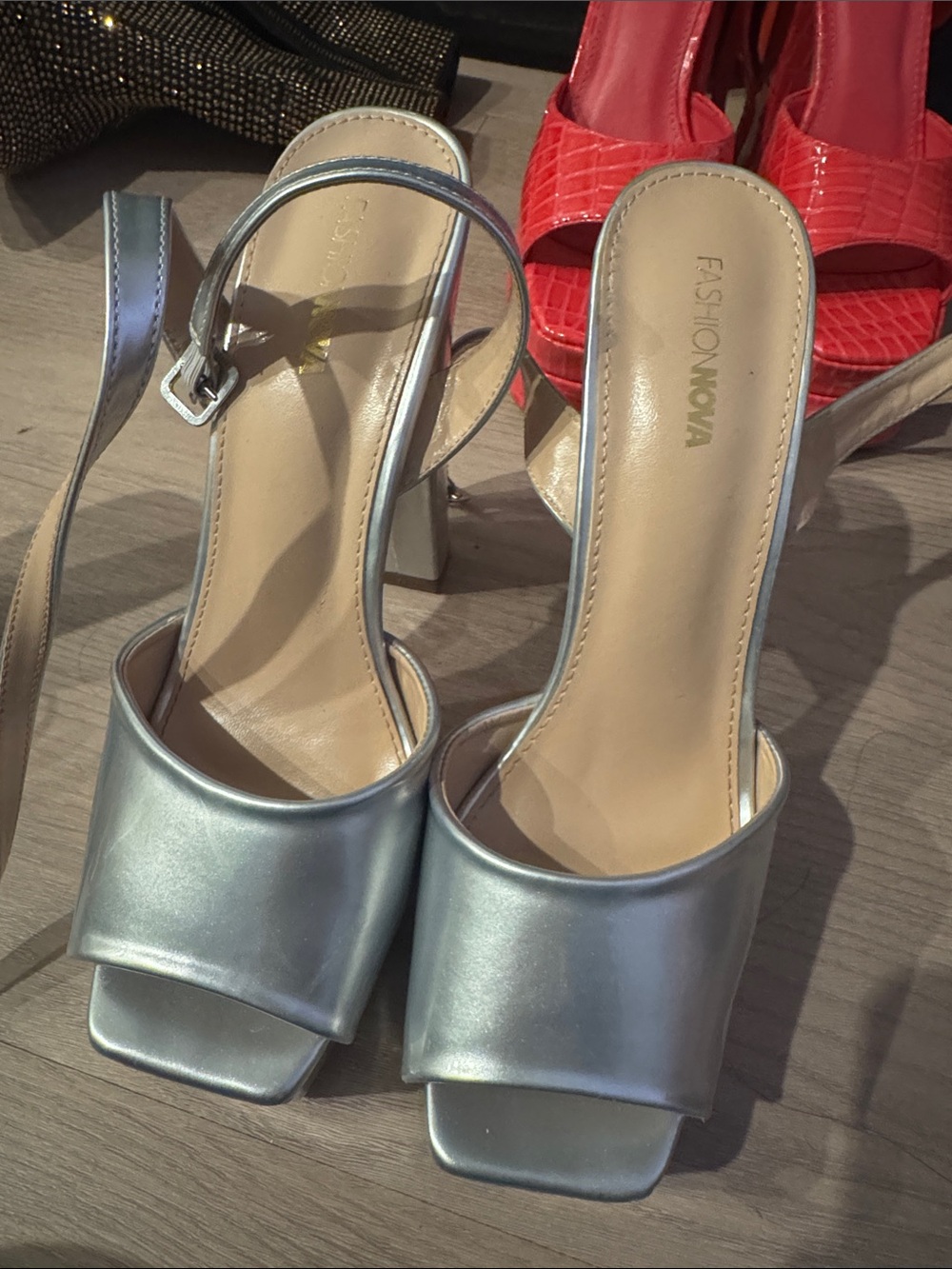 Fashion Nova Metallic Silver Square Toe Slingback Heels